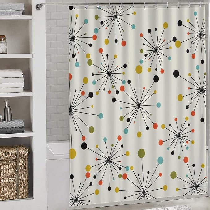 Mid Century Modern Shower Curtain, Geometric Atomic Abstract Iconic Pattern 1950s 1960s Retro Style Art Pastel Waterproof Fabric Bathroom Shower Curtain Set with Hooks,72"x72" Inch