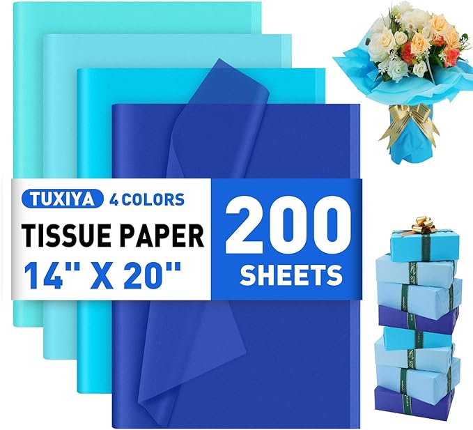 TUXIYA 200 Sheets Blue Tissue Papers for Gift Bags,14 x 20 Inch Mixed Blue Wrapping Tissue Paper Bulk for Gift Bags, Gift Wrap for Birthday Wedding Graduation DIY Crafts Holiday Flowers