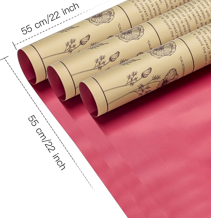 WRAPAHOLIC 20 Sheets Reversible Flower Wrapping Paper - 22 x 22 inch Retro Lettering and Red Water-Resistant Floral Bouquet Wrapping Paper, Florist Supplies Packaging Paper for Wedding Gift DIY