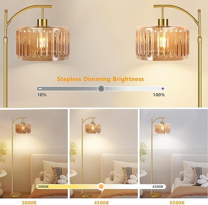 QIYIZM Glass Floor Lamp for Living Room,Bedroom,Gold Dimmable Standing Lamp with Remote,Mid Century Modern Brass Tall Lamp Boho Vintage Retro Floor Lamps Arc Amber Flower Floor Light Lamp Bohemian