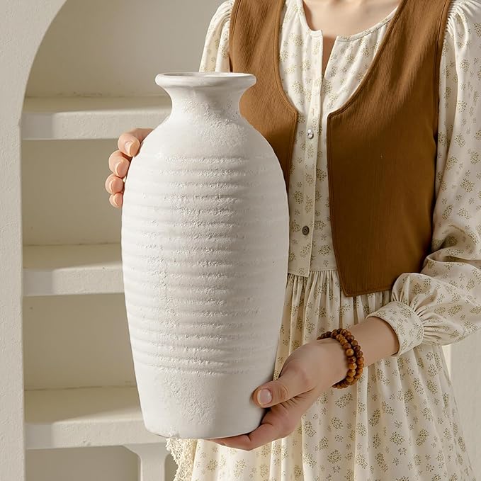 Rustic Ceramic Tall Vase 14.4” Large Handmade Flower Vases for Farmhouse Decor Living Room Shelf Styling Waterproof Off-White Pottery Jar for Pampas Grass Wedding or Housewarming Gift