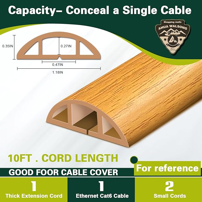 Floor Cord Cover Cable Cavity Self Adhesive Hider - Electric Cord Covers for Living Rooms, Offices - Cable Cover Protector (Wood Brown, 1.18" x 10')