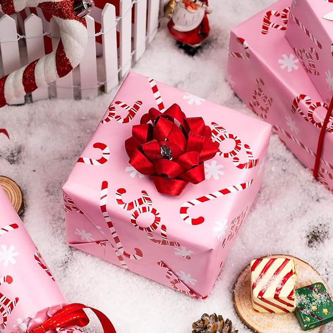 MAYPLUSS Christmas Gift Wrapping Paper Roll - 17 Inch X 33 Feet - Reversible Pink Candy Cane and Stripe Design for Winter Gift Wrap, DIY Craft, Christmas, Party, Holiday and Birthday