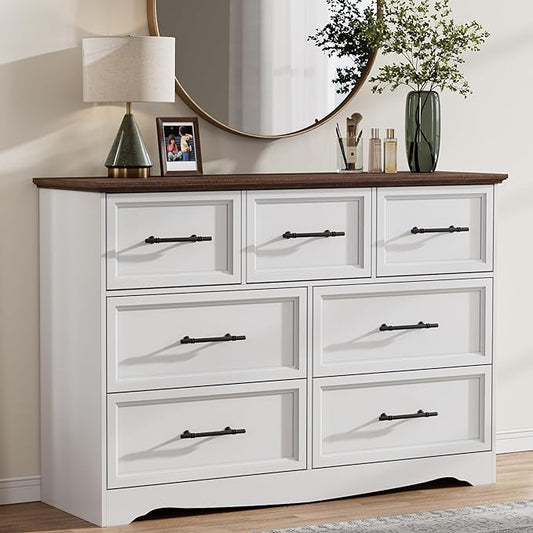 White Dresser for Bedroom, Modern 7 Chest of Drawers, 47" Wide Chest of Drawers w/Brushed Metal Handle, Wood Closet Organizers and Storage Cabinet for Bedroom, Living Room, Hallway