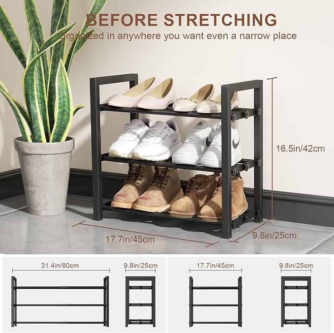 HDDTTZ 3-Tier Expandable Shoe Rack, Adjustable Shoe Shelf Storage Organizer Heavy Duty Metal Free Standing Shoe Rack for Entryway Closet Doorway (Black)