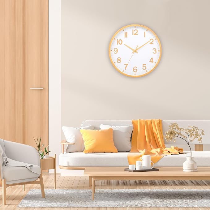 Wall Clocks Battery Operated 8 inch Modern Wall Clock,Silent Non Ticking Wall Clock for Living Room Bedroom Kitchen Office Classroom Decor (Wood Grain Yellow White)