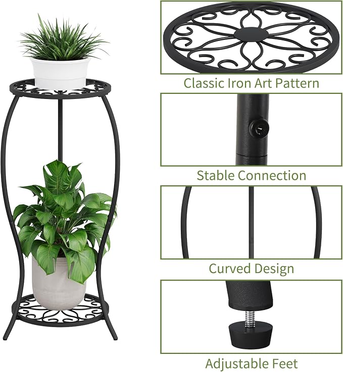 Plant Stand Indoor Outdoor, 2 Tier Metal Tall Plant Stand, Flower Pot Stand, Heavy Duty Plant Shelf Rack, Corner Plant Stand Rustproof for Planter Garden Balcony Patio Living Room