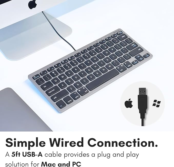 Macally Small USB Wired Keyboard for Mac and Windows - 78 Scissor Keys, 13 Shortcut Compatible Apple Keyboard - Mini Compact USB Computer Keyboard That Saves Space and Looks Great - Space Grey