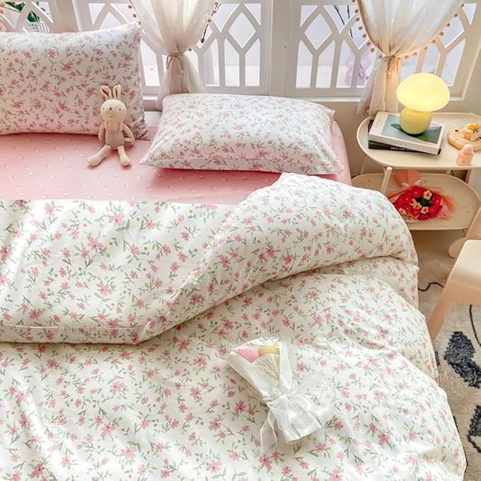 VM VOUGEMARKET Pink Flower Comforter Set Full - Cute Floral Bedding Sets for Girls Women,3 Pieces,1 Soft Lightweight Botanical Flowers Comforter with 2 Pillowcases