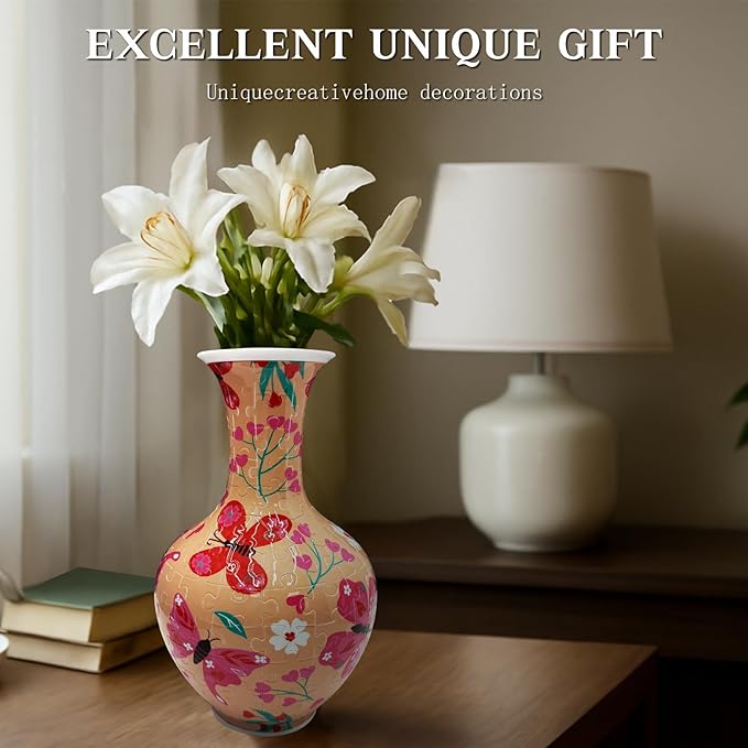 3D Puzzle Vase with LED Light, 164 Pieces Butterfly Floral Design – Durable Plastic 3D Jigsaw for Adults, Unique Gift & Decorative Light-Up Vase