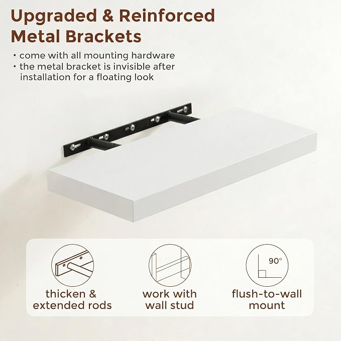 fuqing 20 Inch Floating Shelves | 6.7 Inch Deep White Shelves for Wall Set of 2 | 20''W x 6.7''D x 1.4''H White Wood Shelves for Living Room Bathroom Bedroom Kitchen Home Office
