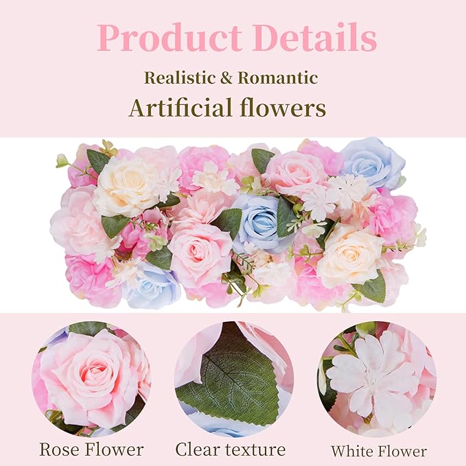 Flower Centerpieces for Tables - 2 Pack Wedding Arch Artificial Flowers Blue&Pink Arrangements Center Piece for Reception, Living Room, Kitchen, Dining Table Runner Decorations(20.5 * 9.4''/52 * 24cm)