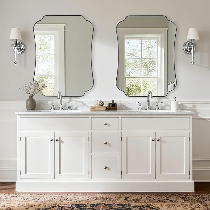 ANDY STAR Chrome Bathroom Mirror 24x36 Inches, Modern Scalloped Wall Mirror with Distinctive Notched Edge Stainless Steel Frame for Hallway, Lounge and Vanity Area