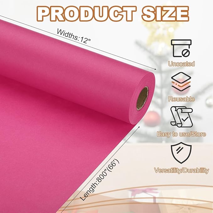 PATIKIL Wrapping Paper, 12" x 800"(66') 70 GSM Craft Paper Roll Kraft Packing Paper for Poster Bulletin Board, Gift Wrapping, Dark Pink
