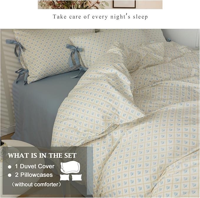 VM VOUGEMARKET Full Duvet Cover with Blue Flower Prints,100% Cotton Bedding Set,Yellow Plaid Grid Comforter Cover with Zipper Closure,80x90 Inch