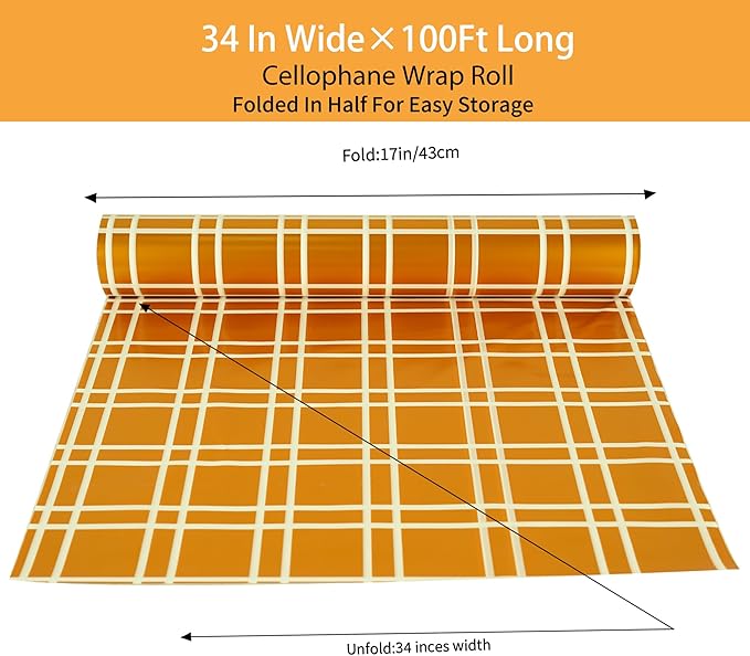 CMFYHM Christmas Cellophane Wrap Roll (34" x 100’Ft) 3 Mil Thicken Long Film Gift Wrappings for Autumn Thanksgiving Baskets, Box,Wine, Christmas Decor(Gold And White)