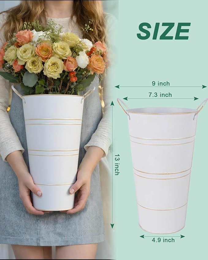 12 Inch Galvanized Metal Vases for Flowers - 6 Pcs Farmhouse Decorative Tall Flower Bucket with Handles, Rustic French Tin Planter Buckets for Wedding Decor (White)