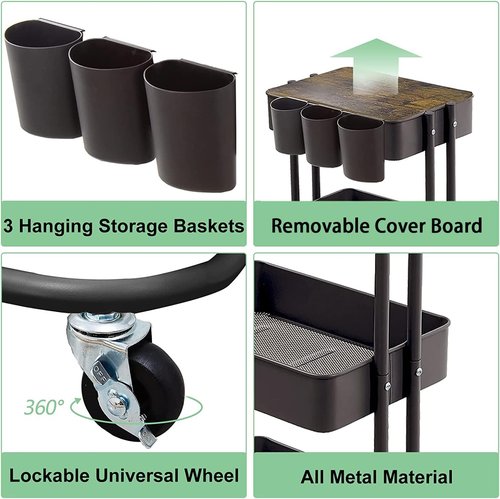 Skiennix 3-Tier Metal Rolling Cart - Versatile Storage Solution for Office & Kitchen, Black