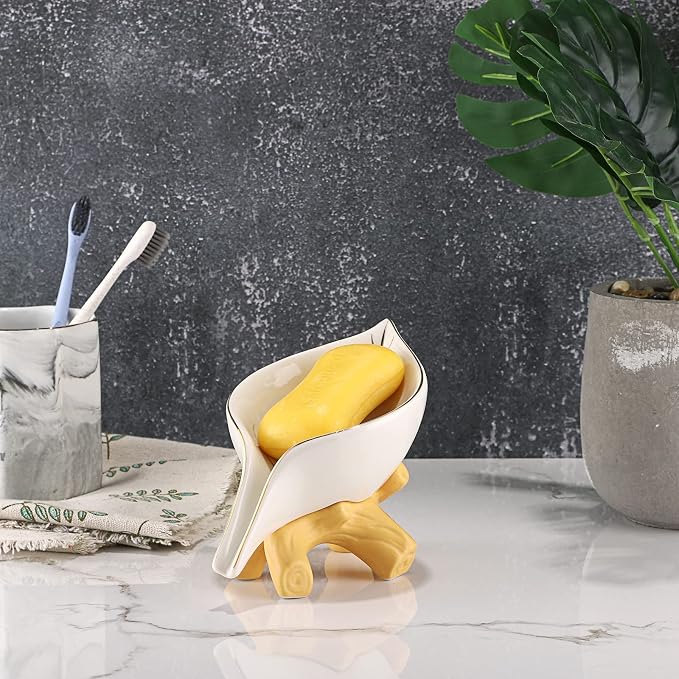 JUXYES Ceramic Soap Dish Holder Self Draining, Unique Waterfall Soap Dish Leaf Shape Decorative Soap Dish Tray Tabletop Drainable Soap Saver Bathtub Waterfall Soap Dish Holder for Bathroom Shower