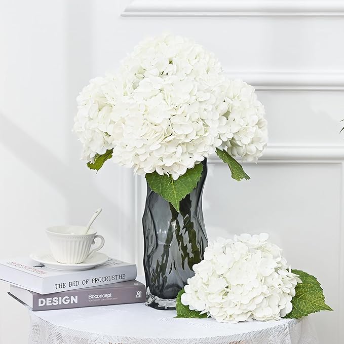 MARTINE MALL 4Pcs 21in Hydrangea Artificial Flowers, Latex Real Touch Hydrangeas Lifelike Large Hydrangea Flowers for Home Decor Party Arrangements Wedding Bouquets Centerpieces (White)