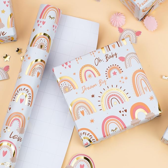 Burymento Rainbow Wrapping Paper, Boho Gold Foil Themed Gift Wrap for Birthday, Valentines, Mothers day, Graduation, Wedding, Fathers day, Baby Shower, Christmas (17 IN x 32.8 FT)