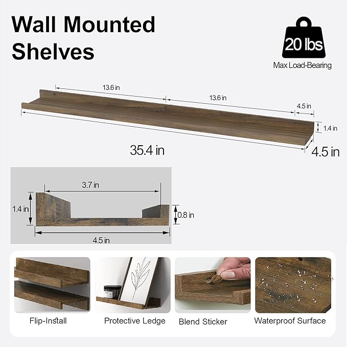 Floating Shelves for Wall Decor, Long Wall Mounted Storage Shelf for Bedroom, Living Room, Bathroom, Kitchen, Nursery, Rustic Display Picture Ledge Shelf with Lip Set of 2-36 Inches, Brown