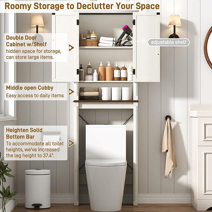 jiteentarou Farmhouse Bathroom Storage Cabinet,Over The Toilet Storage Cabinet with Roman Column Decor,Tall Over The Toilet Shelf with Barn Doors,Over Toilet Bathroom Organizer(Rustic White)