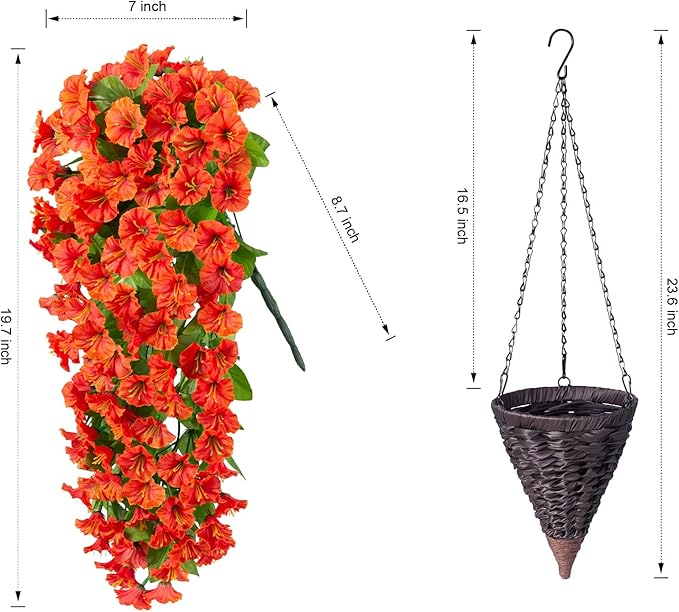 HyeFlora Artificial Fake Hanging Flowers Plants Baskets for Outdoor Decoration, Faux Silk Orange Morning Glory in Planter UV Resistant Look Real for Home Porch Patio Balcony Yard Decor