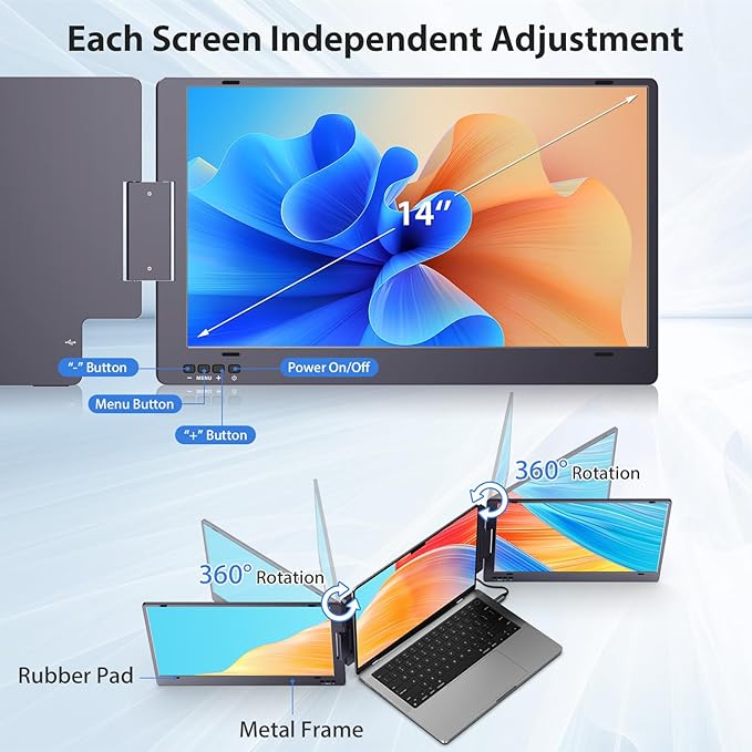 KYY 14" Portable Triple Monitor for Laptop, Laptop Screen Extender with Full HD IPS Display, Computer Extended Monitor Compatible with Mac, Windows, Chrome, Fits 12-16 Inch Laptops
