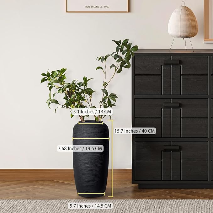 Large Rustic Ceramic Black Vase,15.7 Inch Tall Pottery Farmhouse Decor Floor Vase Vintage Flower Vases for Home Living Room Entryway Table Centerpiece Decor,Terracotta Vases,Wedding Gift