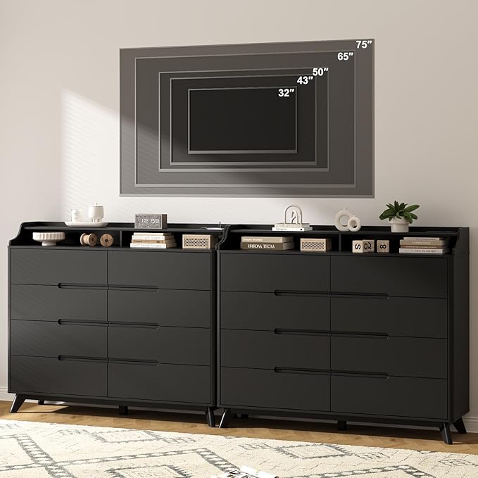 Dresser for Bedroom with 8 Drawers, 55" Large Dresser & Chest of Drawers with Charging Station, Wood Closet Clothes Storage Tall Dressers Organizer for Bedroom Living Room Hallway (Black)