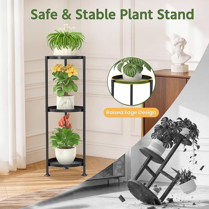 LASZOLA 3 Tier Plant Stand Indoor with Large Metal Tray, Corner Round Flower Holder Rack Tall Outdoor, Morden Planter Display Shelf for Patio Porch Garden Office Living Room, Black