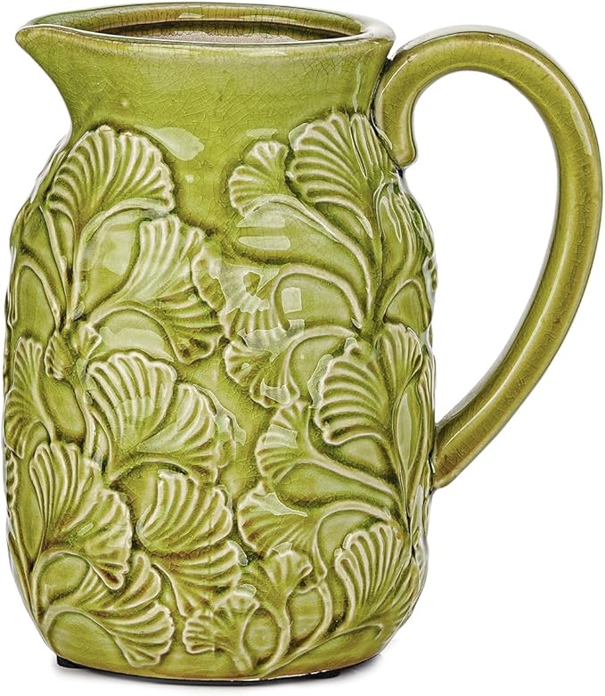 Sungmor Embossed Ceramic Pitcher Vase, Decorative Green Farmhouse Ceramic Pitcher for Flowers, Vintage Textured Vase for Table, Kitchen & Home Decor, 8 Inch with Ice Crackle Glaze Finish