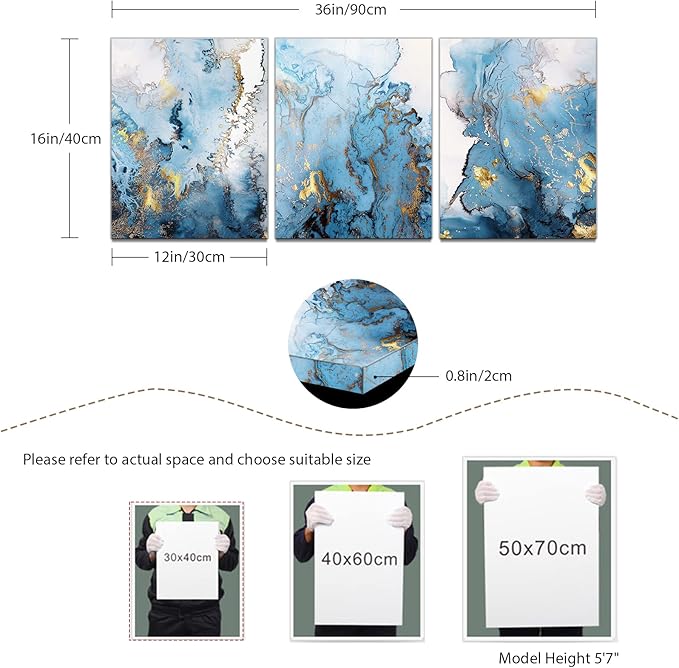 SERIMINO Blue Abstract Canvas Wall Art for Living Room, Navy and Gold Fluid Marble Wall Decor for Bedroom, Bathroom, Office, Home Decor, Set of 3 Print Painting, 12"X16"