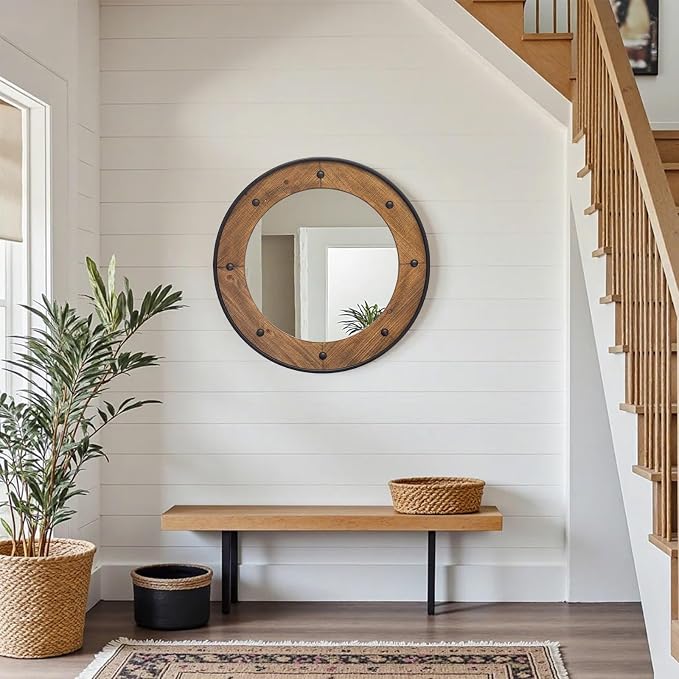 Rustic Round Wall Mirror 24 Inch, Natural Wood Frame with Black Metal Trim, Industrial Farmhouse Style Wall Mirror with Decorative Nailhead Accents for Bathroom, Living Room, or Entryway