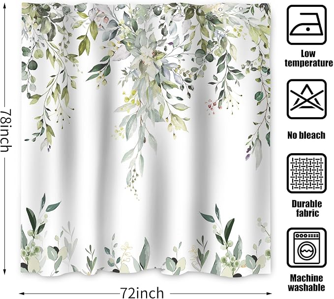 Sage Green Eucalyptus Extra Long Shower Curtain, Watercolor Leaves Plant Spring Floral Waterproof Fabric Machine Washable with Hooks for Bathroom Bathtub Decor 72Wx78H