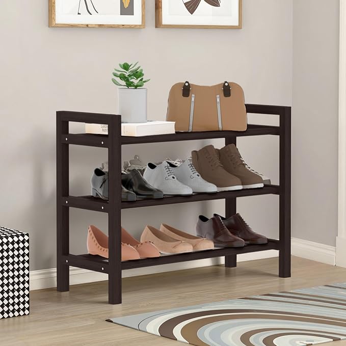 Haddockway Bamboo Shoe Rack for Closet, Free Standing Shoe Organizer with Smooth Round Rods & Convenient Handles, Stackable Shoe Storage Shelf for Entryway, Hallway(Brown, 3-Tier(Small))