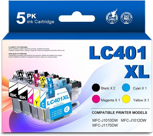 Brother LC401XL High Yield Ink Cartridges - 5-Pack (2 Black, 1 Cyan, 1 Magenta, 1 Yellow) for MFC-J1010DW, MFC-J1012DW, MFC-J1170DW Printers