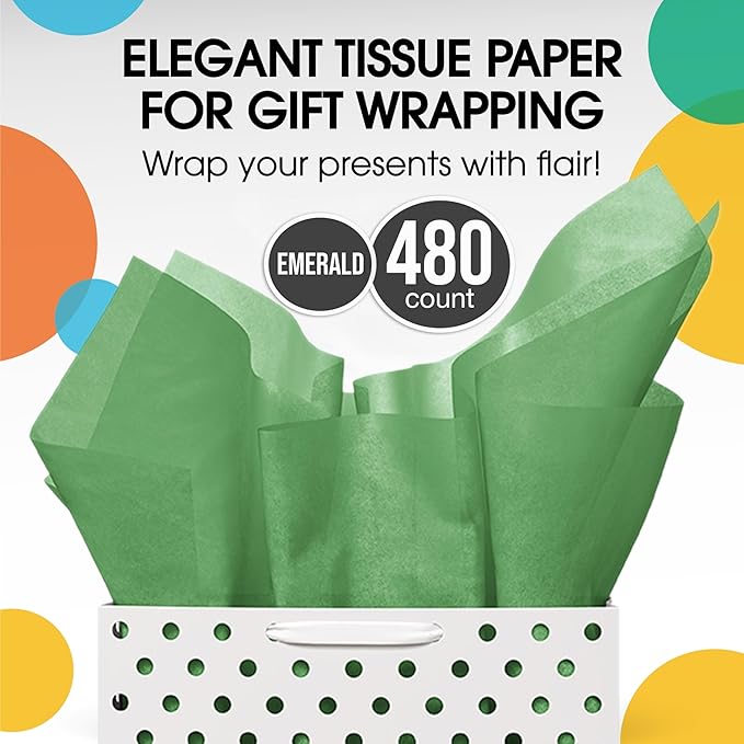Party Solids Emerald Green Tissue Paper for Gift Bags - 20" X 30" Bulk Tissue Paper Green 480 Sheets - 10lb Newsprint for Packing, Birthday Gift Box Filler, Packing Supplies for Moving Supplies