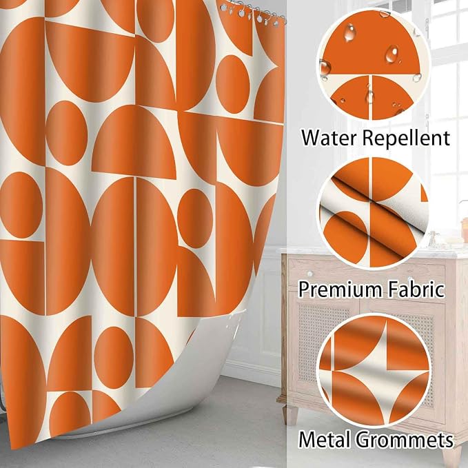 Vintage Orange Mid Century Modern Shower Curtain Boho Abstract Geometric Art Shower Curtains for Bathroom Decor 60x72 Inch 70s 80s Retro Washable Fabric Bathroom Set with 10 Hooks