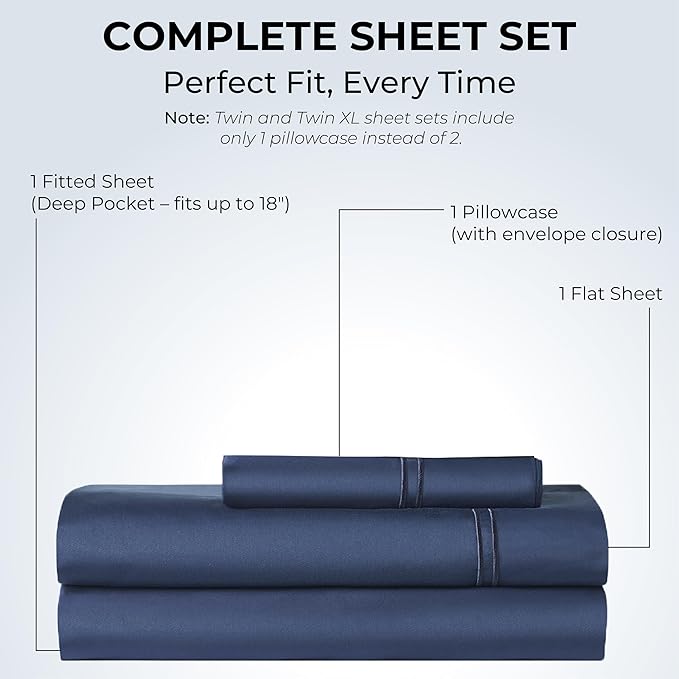 100% Natural Cotton Bed Sheets | 500 TC Single-Ply Sateen Weave Twin Sheets Set | Breathable & Hypoallergenic Solid 3-Piece Bedding with Deep Pocket Fitted, Flat, Pillowcase | Navy Blue