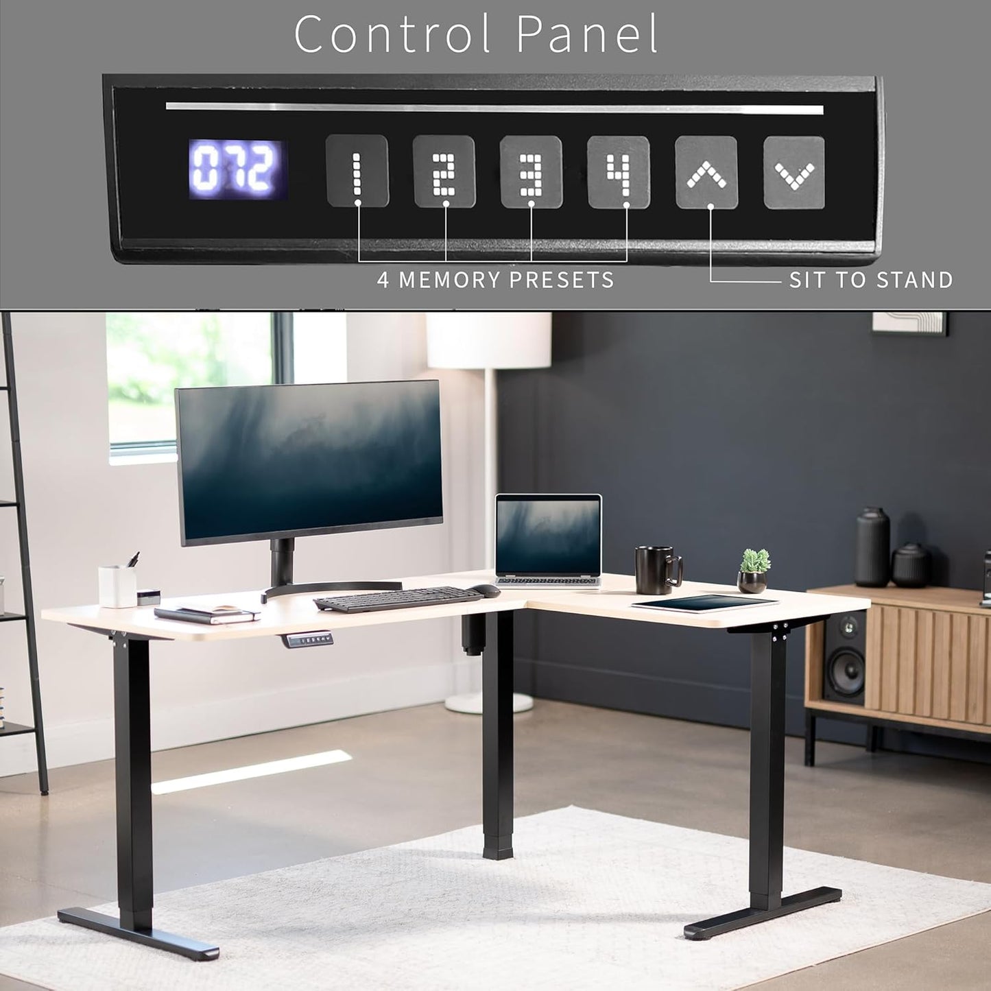 VIVO L-Shaped Corner Standing Desk - 63 x 47 Inch Electric Height Adjustable Workstation | Light Wood & Black Frame