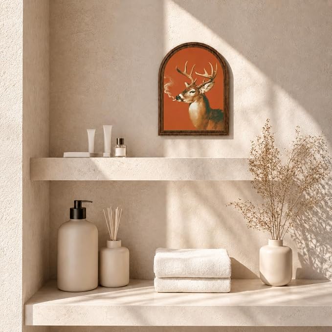 Vintage Deer Art Decor - Arched Wooden Frame with Stand, Retro Whimsical Animal Wall & Tabletop Decor for Living Room, Bedroom, Office, Funny Novelty Home Accent, Unique Housewarming Gift