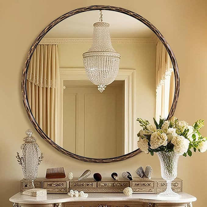 ANDY STAR Hand-Forged Bronze Round Bathroom Mirror, 30 Inch Antique Oil Rubbed Bronze Circular Mirror, Solid Steel Hammered Rounded Mirrors for Wall Decor, Vanity, Washroom, Entry, Fireplace