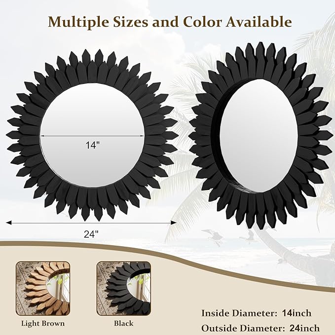 Boho Wood Sunburst Round Wall Mirror, 24 Inch Rustic Circle Wooden Frame Decorative Mirror for Farmhouse Coastal Home, Home Wall Decor for Living Room Entryway Bedroom, Light Wood