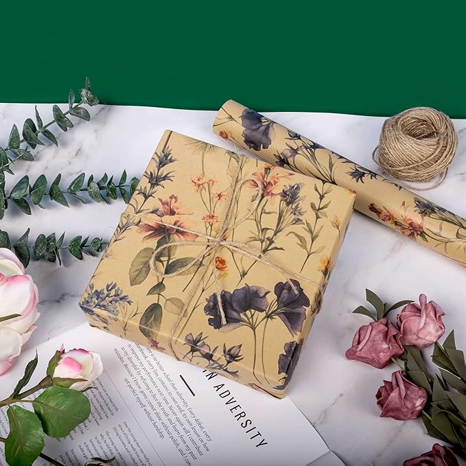 Altarho Kraft Floral Wrapping Paper Roll For Women Girls Wild Flower Design Gift Wrap for Birthday Wedding Mothers Day Bridal Shower Engagement Total 28.5sq.ft