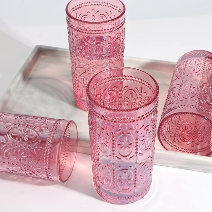 abrwyy Drinking Highball Beverage Glass Cup, Vintage Drinking Glasses, Colored Glassware Set for Party Wedding Home Office Gift, Set of 4 ,Pink