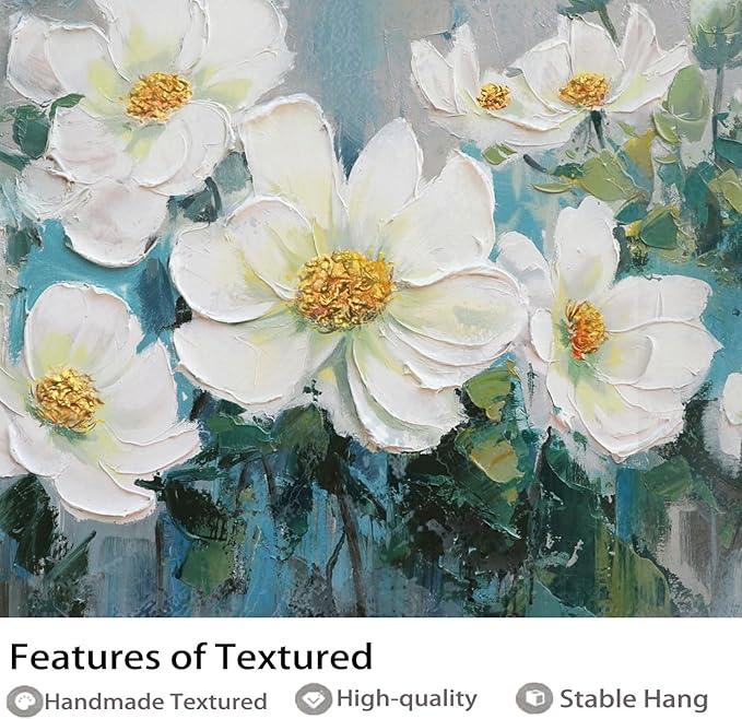 Ardemy White Floral Canvas Wall Art Large Teal Textured Pictures Wall Decor Turquoise Paintings Artwork for Living Room Bedroom Home Office, 40"x20"