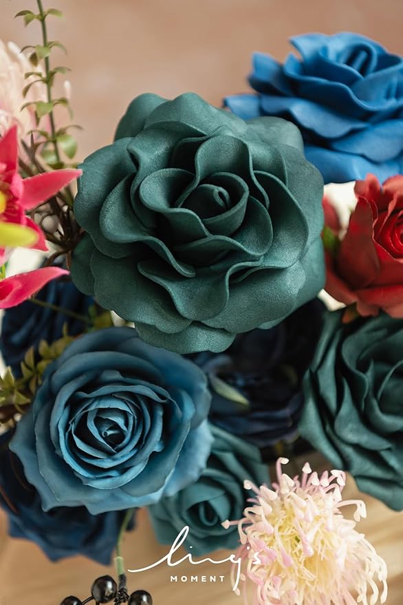 Ling's moment Fake Flowers Box, Foam Roses Artificial Fern Berry Faux Greenery Stems for Wedding Bouquets Centerpieces Table Decorations Floral Arrangement, Navy Blue & Pink, Deluxe Combo