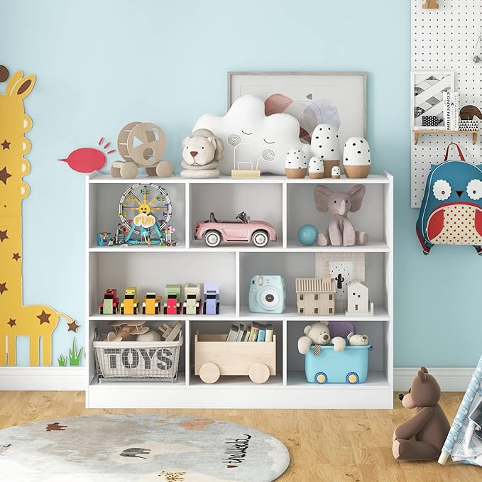 Toy Storage Organizer, 3-Tier Kids Bookshelf, 8 Cube Kids' Bookcases, Cabinets & Shelves, Wooden Toy Organizers, Small Book Shelf for Bedroom, Playroom, Classroom, Nursery (White)